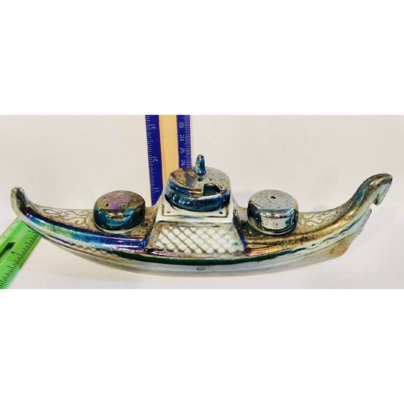 Vintage Porcelain De France Blue Lusterware Gondola Salt And Pepper Shaker Boat - Picture 2 of 4